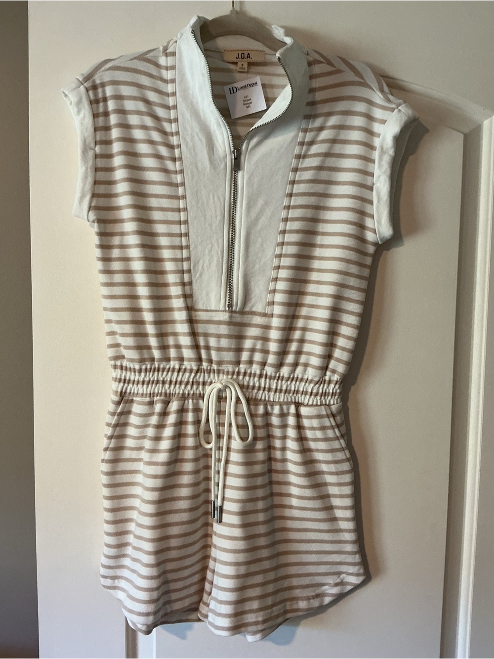 J.O.A. Beige & White Striped Romper with Zip Front